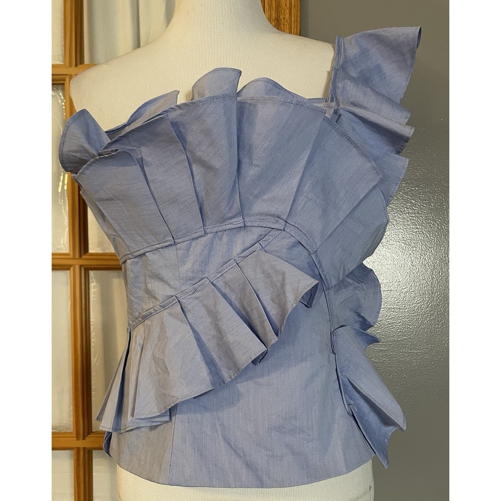 New York & Company One Shoulder Blouse Sz S Blue Pleated Party Modern